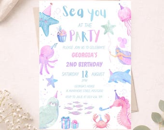 Sea Animals Birthday Invitation, Under the Sea Party, Editable Canva Template