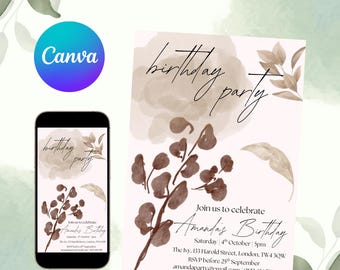 Boho Floral Birthday Invitation | Neutral Elegant Party Invite (Canva Template)