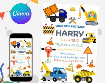 Construction Truck Birthday Invitation: Editable Kids Party Template (Printable Canva Design)
