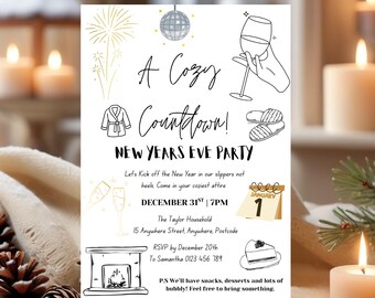 Cozy New Year's Eve Invitation | Black & Gold Pajama Party (Digital Download)
