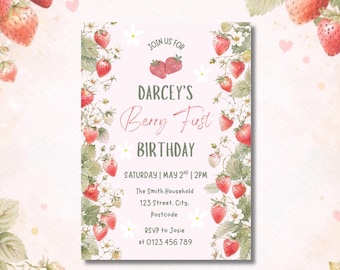 Berry First Birthday Invitation • 1st Birthday Girl Invite . Strawberry Birthday Invite • Printable Editable • Girl Party