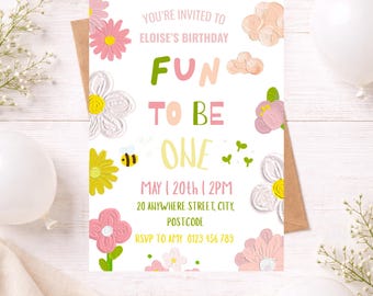 Floral Girly First Birthday Invitation . Fun to be One 1st Birthday Invite (Digital Download)