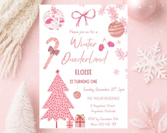 Winter Onederland Invitation Girl | Pink 1st Birthday (Editable Template)