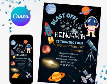 Editable Space Birthday Invitation: Astronaut Party, Kids 4th Birthday (Digital Download)