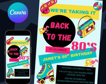 80s Birthday Invitation: Editable Neon Retro Party Template (Digital Download)