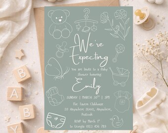 We’re Expecting Baby Shower Invitation – Sage Green Gender Neutral Baby Invite, Modern Neutral Baby Shower, Editable Canva Template