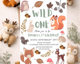 Wild One First Birthday Invitation – Woodland Animals Birthday Invite, Cute Forest Animal Party, One Year Old Birthday Invite