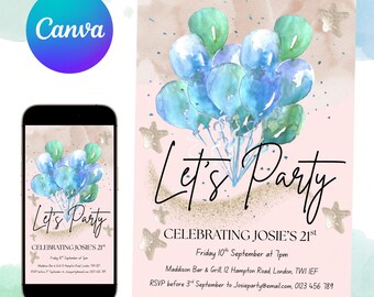 Pastel Pink 21st Birthday Invitation: Editable Canva Template (Digital Download