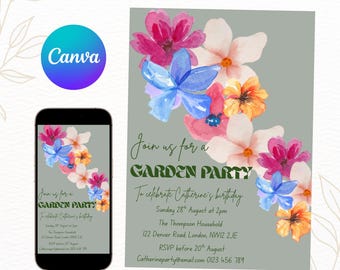 Floral Garden Party Birthday Invitation: Editable Canva Template (Digital Download)