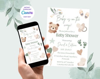 Sage Green Baby Shower Invitation: Boho Minimalist Template (Digital Download)