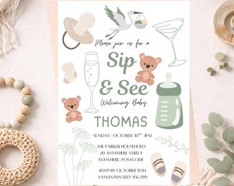 Boho Green Sip and See Invitation: Gender Neutral Baby Party (Printable Template)
