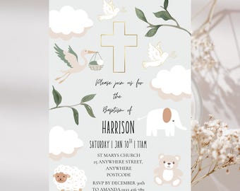 Sage Green Baptism Invitation | Boho Christening Template (Canva)