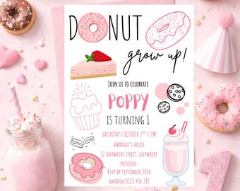 Donut Grow Up First Birthday Invitation – Girly Pink Donut Birthday Invite, Pastel Donut Party, Girl 1st Birthday, Editable Canva Template