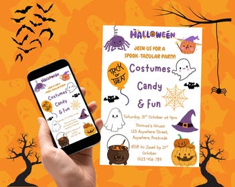 Editable Kids Halloween Party Invitation | Orange & Purple Design (Digital Template)