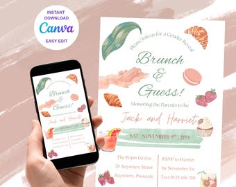 Winter Neutral Boho Gender Reveal Brunch Invitation. Green & Pink Watercolor (Editable Template)