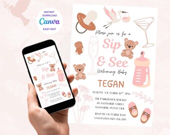 Blush Terracotta Sip and See Invitation: Boho Baby Shower (Digital Download)