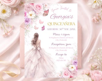 Quinceañera Invitation • Editable Sweet 15 Invite • Pink Quinceañera Invite . Printable Double Sided • Elegant Floral Birthday
