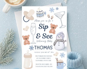 Boho Winter Sip and See Invitation – Ice Blue Baby Shower (Canva Template)