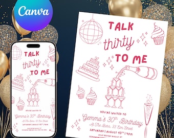 Talk Thirty to Me Invitation: Pink Girly 30th Birthday, Editable Canva Template (Digital Download