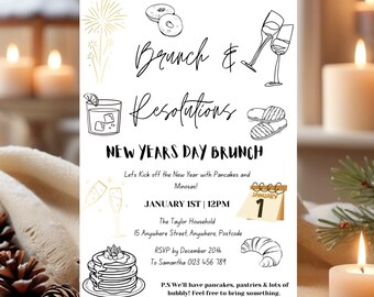 New Year's Day Brunch Invitation • Black White Gold NYD Invite (Editable)