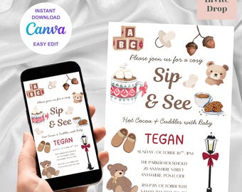 Cozy Winter Sip and See Invitation | Editable Holiday Baby Shower Invite | Warm Boho Red & Brown Canva Template | Printable Winter Invite
