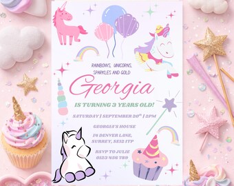 Unicorn Rainbow Birthday Invitation – Girls Unicorn Party Invite with Sparkles, Editable Canva Template, Magical Kids Birthday