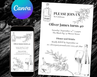 Elegant Black and White Birthday Invitation: Formal Dinner Party Canva Template (Digital Download)
