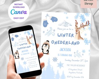 Winter Onederland 1st Birthday Invitation | Blue Penguin Deer (Editable Template)