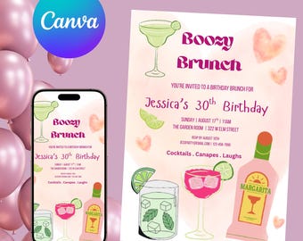 Boozy Brunch 30th Birthday Invitation: Pink Canva Template (Digital Download)