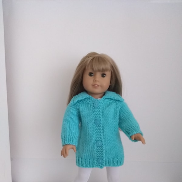 Hand Knitted Handmade Turquoise Jacket Cardigan Sweater with collar to fit 18" American girl dolls