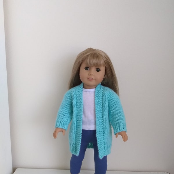 Hand knitted handmade Aqua Blue Cardigan Sweater to fit 18" American girl dolls