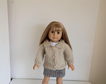 Hand knitted short Beige Sweater Cardigan to fit 18" girl dolls