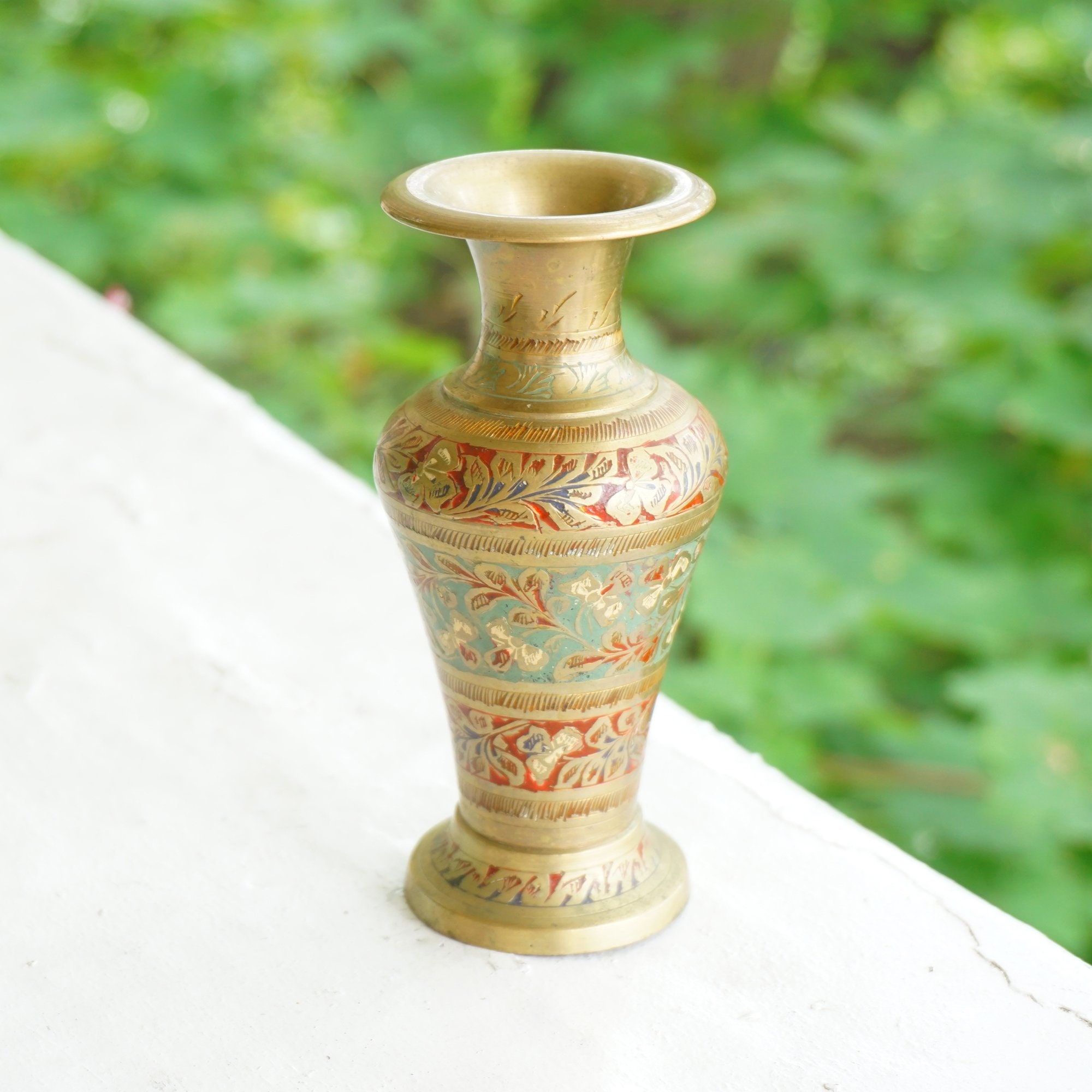 真鍮 槌目 made in india 1990年代 花器 アノニマス 1960s-1980s Vintage Handmade Indian Brass Enamel Vase With Floral