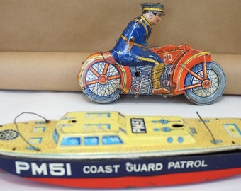 Tin Litho Police on Motorcycle & PM51 Coast Guard Patrol Boat. For Parts.