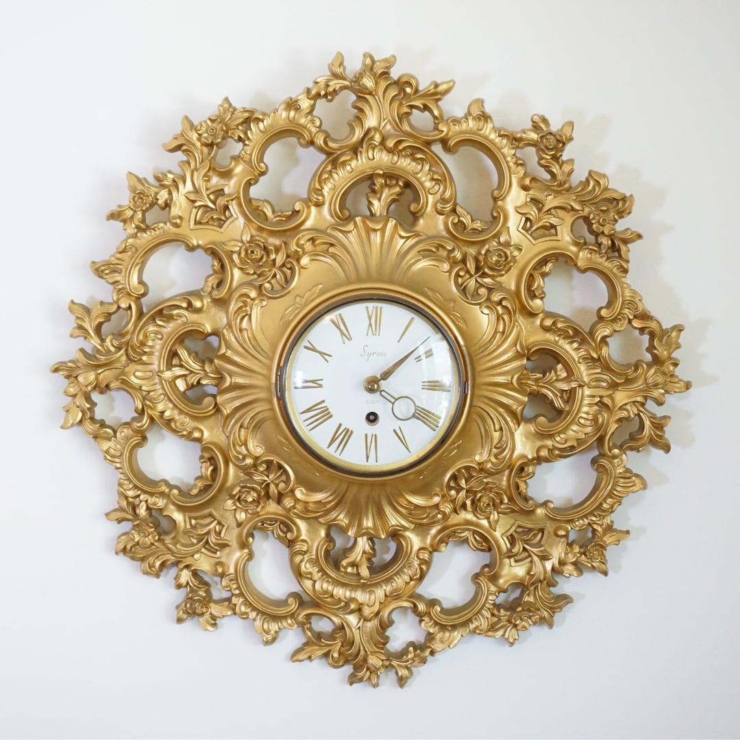 1960s Vintage SYROCO Gold Resin 8-day Windup Rococo & Brass Wall Clock ...