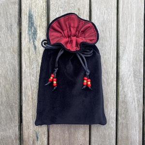 Black Cotton Velvet Tarot / Oracle / Keepsake Bag Lined with Claret (dark burgundy red)  Dupion Silk