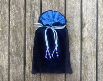 Black Cotton Velvet Tarot / Oracle / Keepsake Bag Lined with Sea Blue Dupion Silk