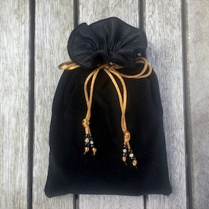 Handmade Black Cotton Velvet Tarot / Oracle / Keepsake Bag with Black Dupion Silk Lining and Gold Drawstring Cord