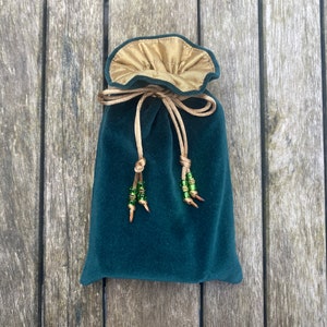 Dark Green Cotton Velvet Tarot / Oracle Drawstring Bag Lined with Rich Gold Dupion Silk