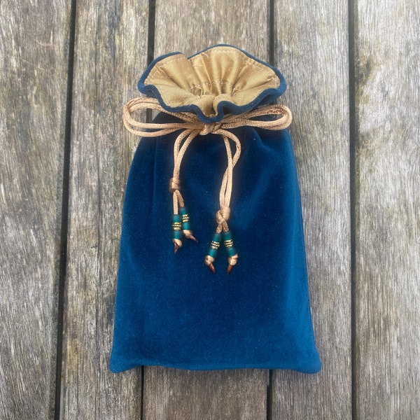 Handmade Teal Cotton Velvet Tarot / Oracle / Keepsake Bag Lined with Rich Gold Dupion Silk