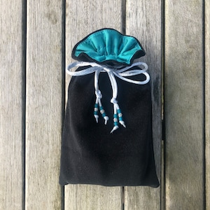 Handmade Black Cotton Velvet Tarot / Oracle / Keepsake Bag Lined with Aqua Dupion Silk