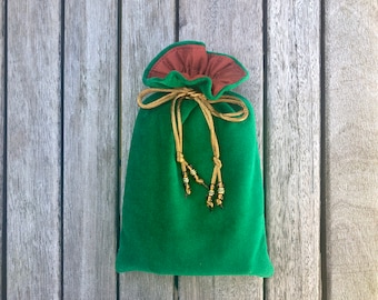 Silk Lined Tarot / Oracle / Keepsake bag - Emerald Green Velvet / Terracotta Silk