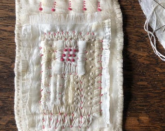 Slow Stitch Embroidery Art, Hand Embroidered Ivory Silk