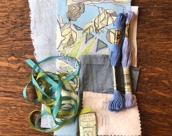 Slow Stitch Fabric Bundle: Blue Bird Fabric, Embroidery Notions, Unique Design