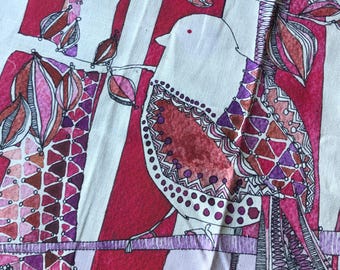 Designer Fabric Remnant, Red Bird Design, Linen 18" x 15"