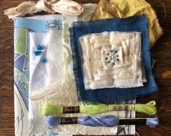 Slow Stitch Fabric Bundle: Blue and Green Fabric, Embroidery Notions, Unique Design
