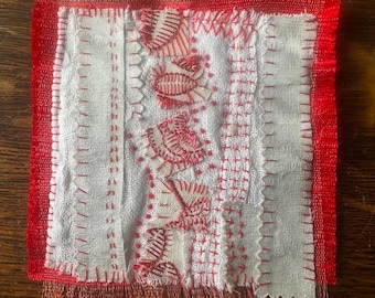 Hand-Stitched Red & Rust Embroidery Art, Slow Stitch