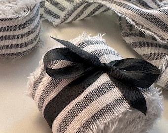 Hand Torn Grey Striped Linen Ribbon: Raw Edge French Stripe, 30mm x 2.5 Meter