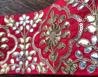 Red and Gold Embroidered Trim, Sari Brocade, 100mm wide