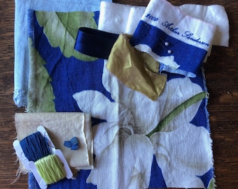 Slow Stitch Fabric Bundle: Blue Sanderson Floral Fabric, Embroidery Notions, Unique Design